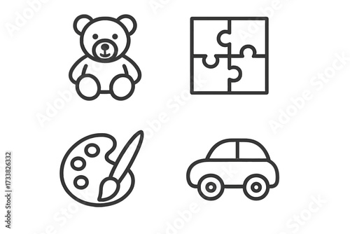 Childhood development icon collection. Minimalist line art of toys, puzzle, art, and transport. Vector symbols for creative learning, play, and educational concepts.