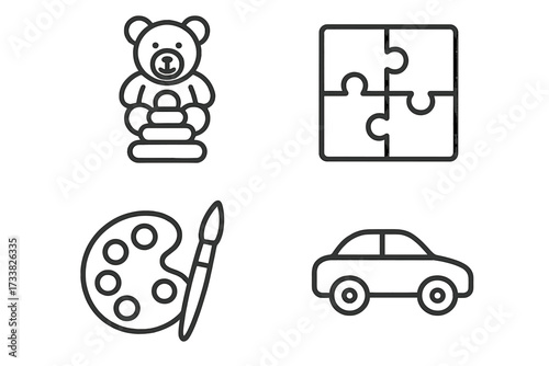 Child development icon set. Minimalist line icons of toys, puzzle, art and car for creative design. Concepts of childhood, play, learning, hobby and transport. Vector cartoon.