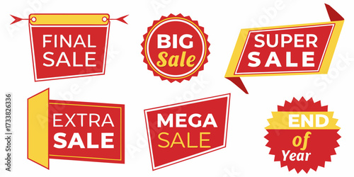 Create a set of bright yellow starburst sale stickers with a variety of jagged and rounded edges. Each label should include promotional phrases like 'BIG SALE', 'FINAL SALE', 'HALF PRICE', 'SUPER SALE