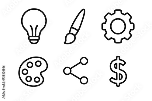 Metaphor monetization of creative idea. From creativity to money. Process icon set with lightbulb, gear, paintbrush, palette, share symbol and dollar sign. Business concept.