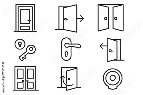 Door line icon set. Open, closed, and swinging doors. Entrance and exit symbols. House security concepts like key, lock, handle, and peephole. Editable stroke vector illustration.