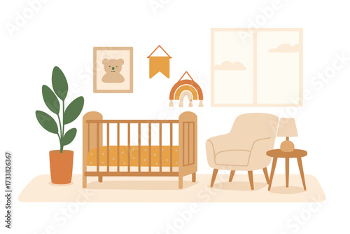 Cozy nursery room interior with baby crib, armchair, and boho decorations. Modern Scandinavian-style baby bedroom. Flat vector illustration for newborn and childcare concepts.