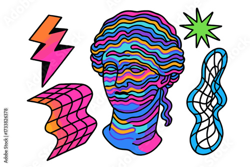 Psychedelic statue head and abstract shapes set. Neo brutalism design elements. Vaporwave, Y2K aesthetic. Distorted wireframe grid. Antique goddess sculpture for poster, cover.