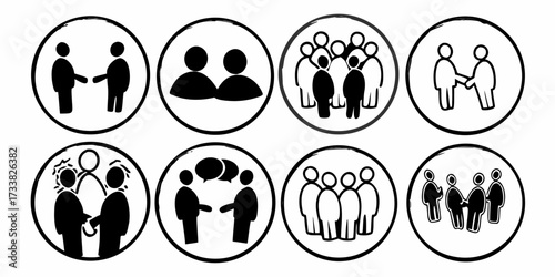 Illustration of people meeting in groups and pairs in circles, shaking hands and talking to each other