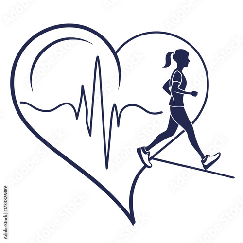 Woman running inside heart shape with electrocardiogram line
