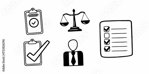 Clipboards with checks and scales of justice with faceless business man in black and white art