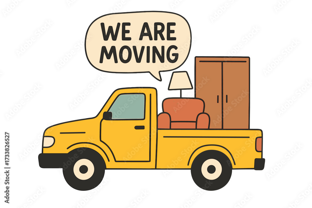 Fototapeta premium We are moving. Pickup truck loaded with furniture for relocation. Flat vector illustration of a new home concept. Transport service for hauling an armchair, lamp, and cupboard.