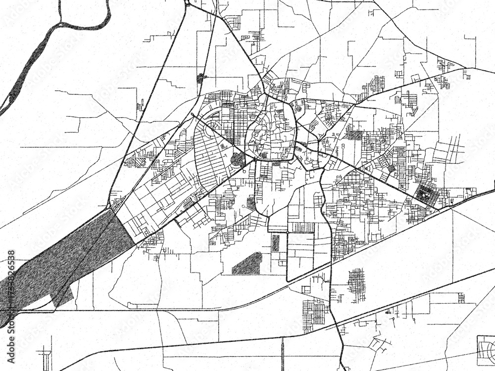 Naklejka premium Decorative black and white map of Bahawalpur, Pakistan, rendered in sketch-like style.