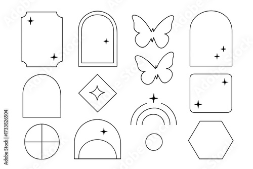 Modern minimalist aesthetic line elements set. Trendy linear frames with stars, arch shapes, geometric forms & butterfly silhouettes. Decorative collection for logo, boho design.
