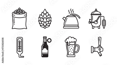Brewing icons set sack of grain hop kettle fermenter thermometer beer bottle foamy beer tap vector
