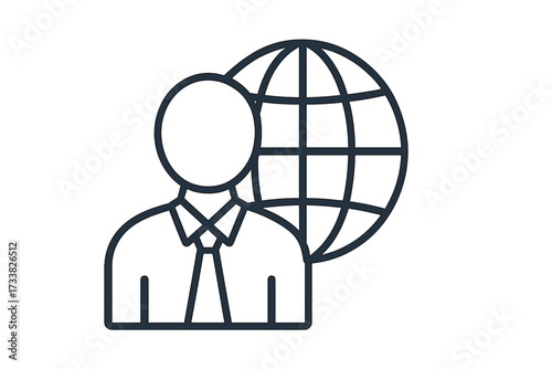 Global business person with web globe thin line icon. Vector concept for outsourcing, online hiring, international recruitment, remote work, HR, worldwide management and corporate.