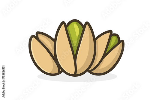 Pistachio nuts vector illustration. Cartoon flat icon of open pistachios in shell. Healthy organic snack, vegan food ingredient concept. Group of nuts isolated on white.