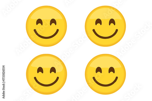 Happy smiling face emoji vector set. Cute yellow emoticons with positive expressions. Simple smiley icon collection for chat, social media, and web design. Good mood concept.