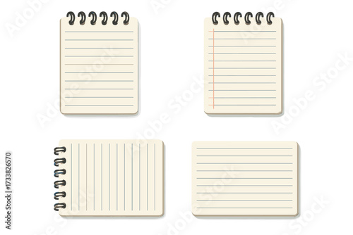 Realistic notebook mockup set. Spiral notepad with empty lined paper sheets. Vector illustration of school or office stationery template. Isolated on transparent background.