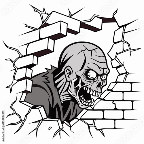 Zombie breaking through cracked brick wall illustration