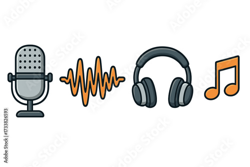 Podcast equipment icon set. Audio recording elements with microphone, waveform, headphones, music note. Broadcasting and streaming symbols. Vector cartoon illustration.