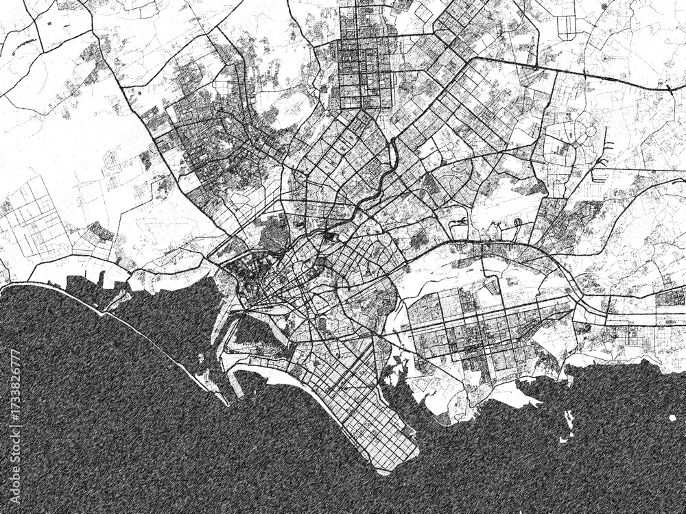 Fototapeta premium Hand-drawn style black and white city map of Karachi, Pakistan, ready for wall art or editorial projects.