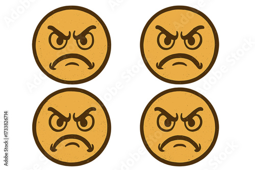 Retro vintage angry emoticon vector illustration. Grunge smiley face emoji icon, distressed circular expression, transparent background. Classic old fashioned ordered set for mood, emotion concept.