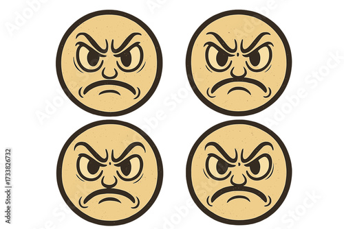 Retro vintage angry emoticon set. Collection of distressed vector smiley emoji icons for mood expression, classic comic style illustration on transparent background, emotional cartoon faces