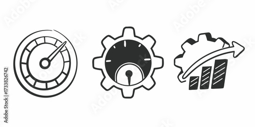 Three performance icons: a speedometer, a gear with a gauge, and a gear with a rising bar graph