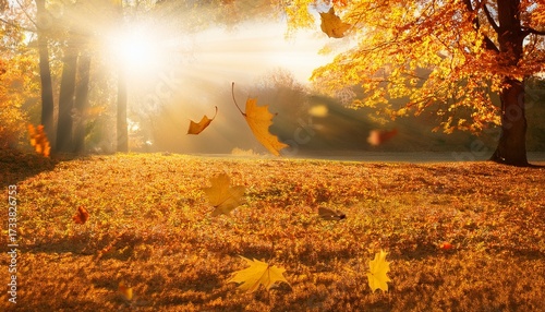 Golden Leaves Falling In Sunlight Autumn Season