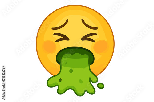 Disgusted face vomiting emoji illustration. Vector emoticon showing sickness, nausea, throwing up, gross reaction, food poisoning, upset stomach, green slime, cartoon smiley icon isolated.