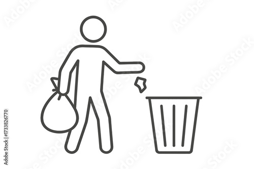 Person throwing trash in a dustbin. Man with garbage sack cleaning up. Vector line icon for waste management, recycling, and community cleanup. Keep clean concept.