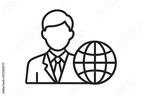 Global business thin line icon. Businessman manager with web globe symbol. Concept for international corporate management, outsourcing, online hiring, remote work, and recruitment.