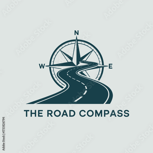 Road compass logo, directional navigation emblem, curved highway perspective, journey planning concept, travel agency branding, modern vector graphic