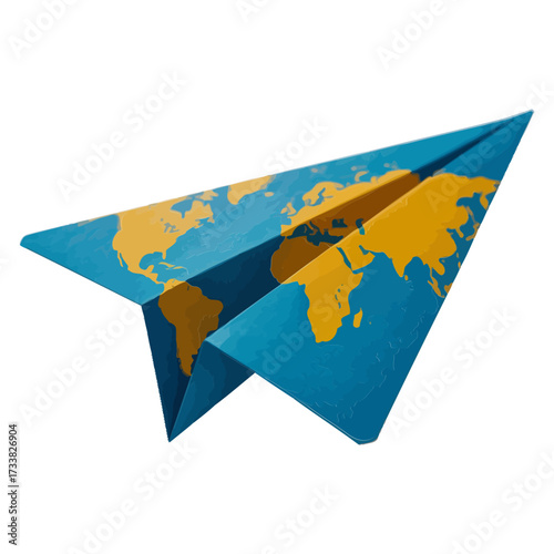 Paper airplane with world map, global travel message, international shipping logo, explorer brand identity, dynamic perspective, vector artwork
