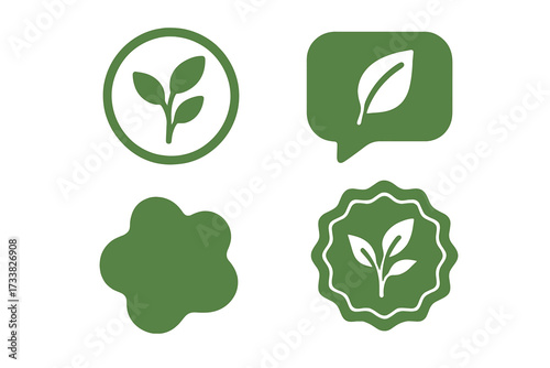 Organic farm fresh eco badges, healthy vegan labels, green leaf speech bubble icons, sustainable agriculture symbols, natural food branding, clean vector set for transparent backgrounds
