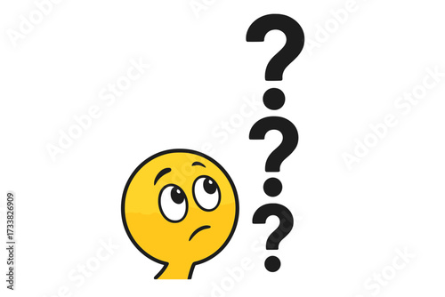 Puzzled emoticon character looking at question marks. Vector illustration for concepts of doubt, confusion, uncertainty, curiosity, problem solving, faq, and needing answers or support.