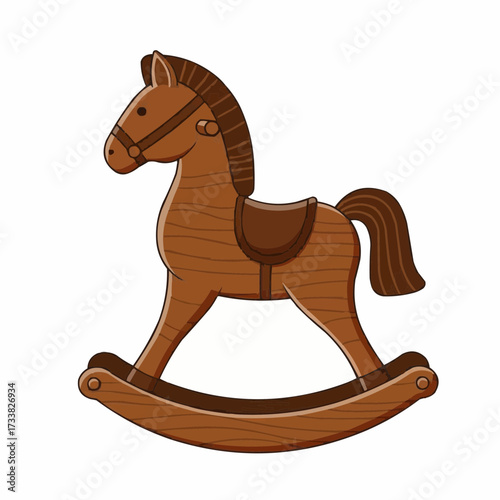 Classic brown wooden rocking horse toy, detailed cartoon, warm wood tones, childhood playtime
