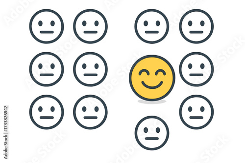 Happy emoticon standing out from the crowd of neutral faces. Concept for leadership, individuality, success, happiness, and positivity. Think different concept. Vector icons set.