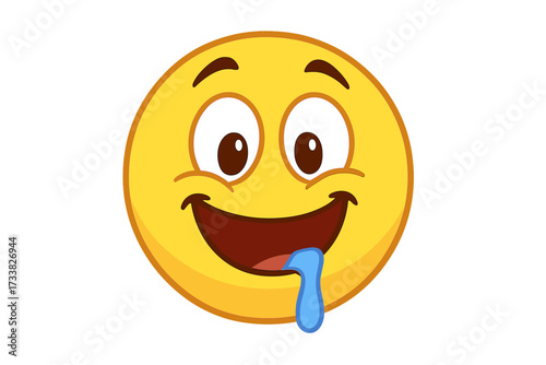 Hungry emoticon salivating and drooling. Vector emoji smiley face with appetite. Yummy, delicious food craving concept. Mouth-watering cartoon character icon for a restaurant.