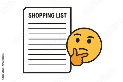 Shopping list planning concept with empty spaces for personal reminder, thinking emoticon, groceries purchase, blank checklist, vector illustration, decision making, store shopping organization