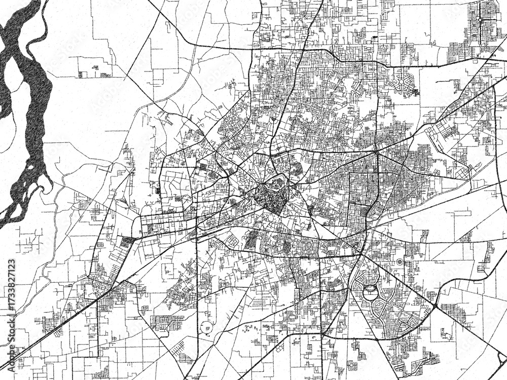 Naklejka premium Illustrated map of Multan, Pakistan, in black and white hand-drawn digital style.