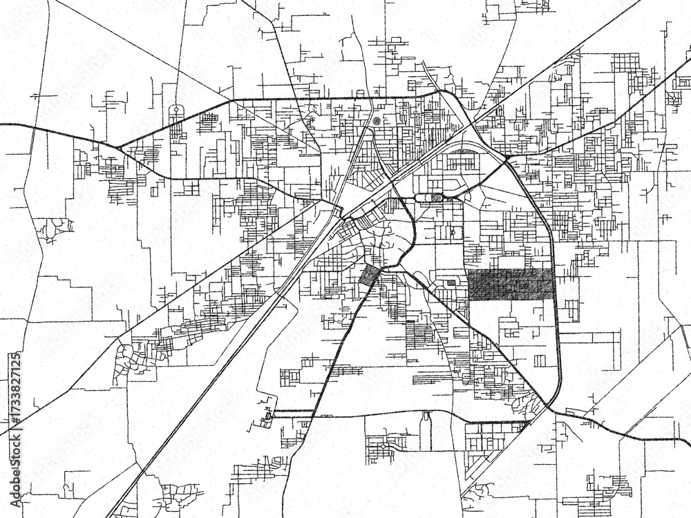 Fototapeta premium Artistic monochrome city map of Rahim Yar Khan, Pakistan, created in a hand-drawn style.