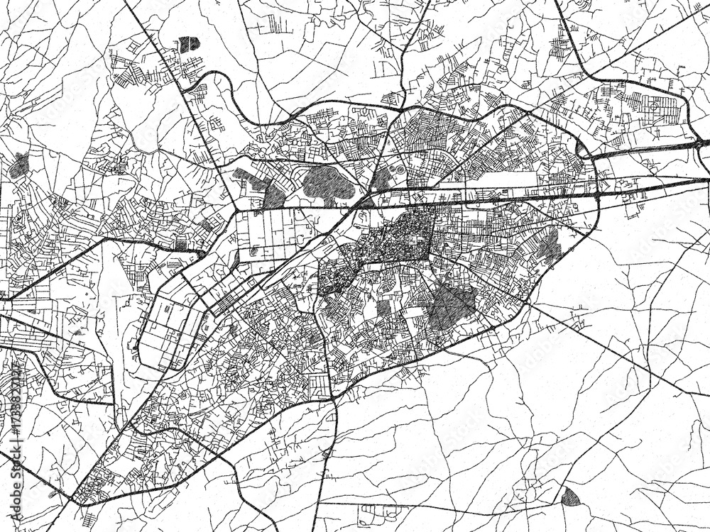 Naklejka premium Detailed black and white map of Peshawar, Pakistan, in artistic sketch style.