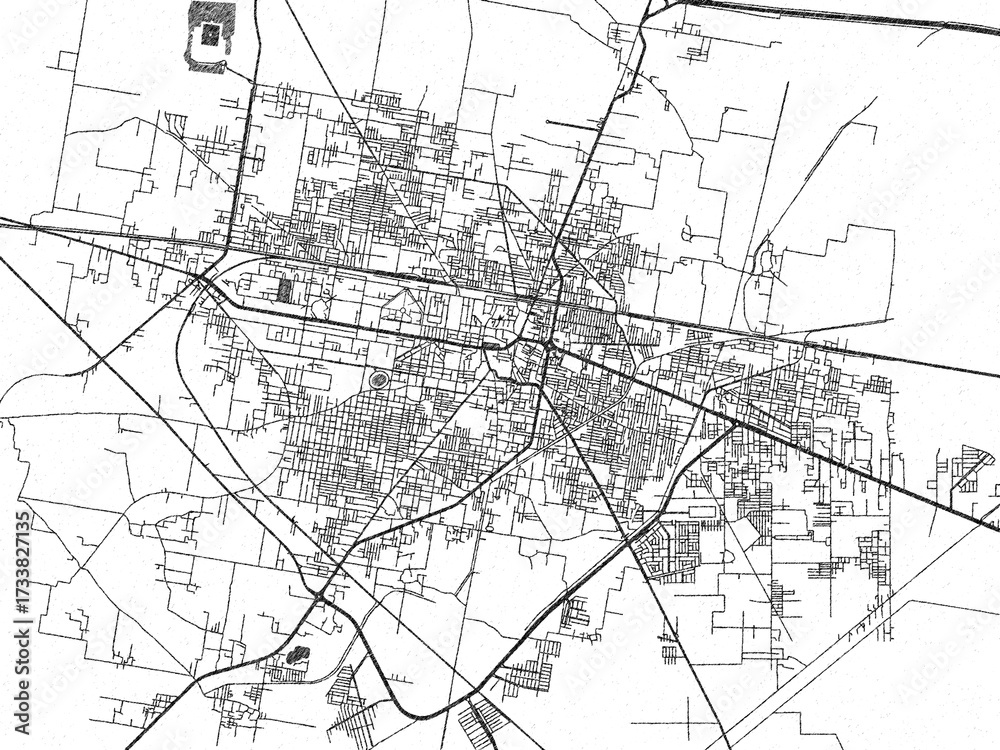 Naklejka premium Illustrated city map of Shekhupura, Pakistan, in black and white, showing roads and textures.