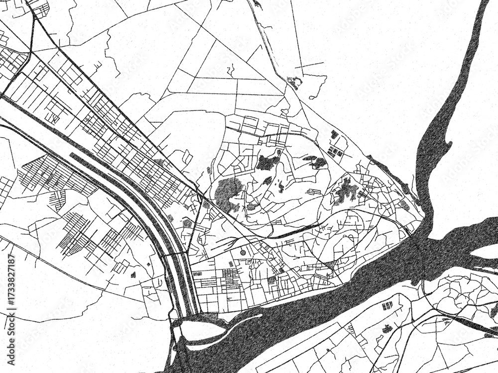 Naklejka premium Detailed artistic sketch map of Sukkur, Pakistan, in monochrome black and white.