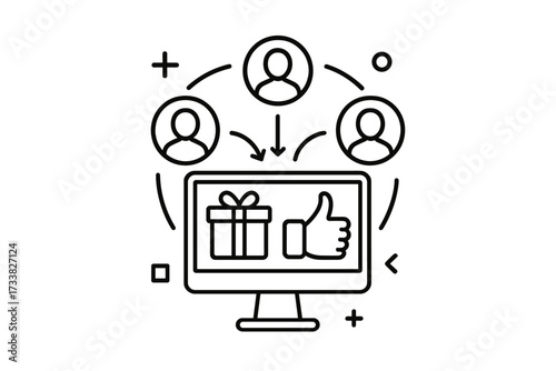 Referral program, affiliate marketing online business concept. Invite friends, earn prizes. Customer loyalty network. Vector icon for promotion, reward, gift, bonus, recommend.