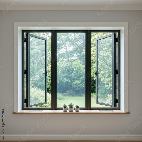 MODERN BLACK ALUMINUM WINDOW VIEW TO LUSH GREEN GARDEN