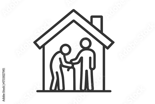 Retirement home thin line icon. Nursing home, assisted living and senior care concept. Caregiver helping elderly person with cane. Social worker support symbol. Volunteer aid.