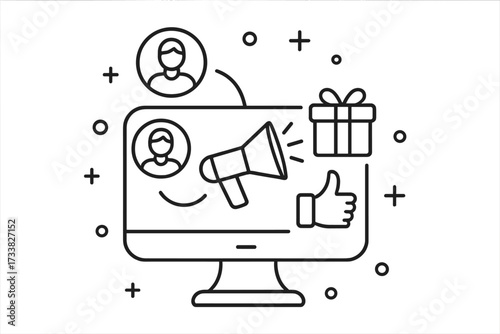 Referral program and affiliate marketing thin line icon. Invite friends and earn prizes concept. Customer loyalty online business strategy. Vector illustration for promotion.