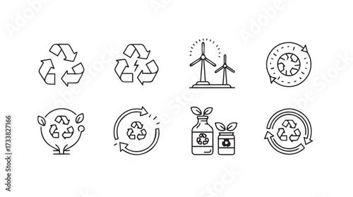 Collection of hand-drawn icons representing sustainability and renewable energy concepts vector