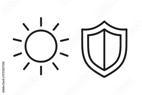 Sun and shield linear vector sign. Sun protection icon set for graphic design, web, cards, books, articles. Cartoon illustration, outline style, clear background. UV defense, safety concept.