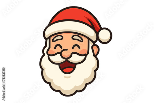 Santa Claus cheerful face icon, happy smiling cartoon character, festive Christmas vector illustration, joyful old man with white beard and red hat, isolated, holiday design, playful emoji