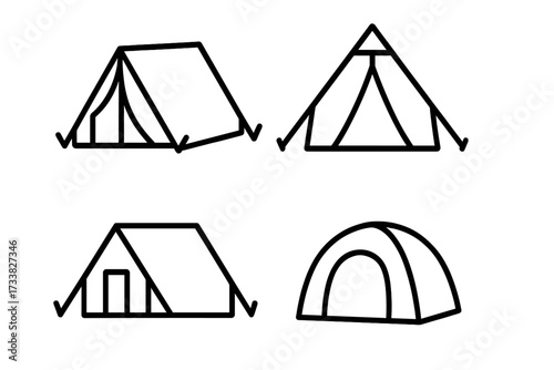 Modern camping tent outline icons collection for design and decoration, vector cartoon illustration set. Includes dome tent, A-frame tent, ridge tent, canvas tent. Outdoor adventure equipment.