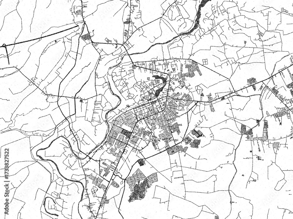 Obraz premium Poster-ready black and white illustration map of Cabanatuan City, Philippines, detailed and artistic.